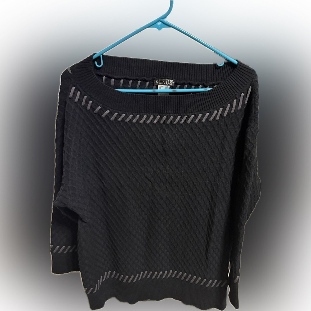 VENUS Black Ribbed Boatneck Sweater with Gray Stitch Accents